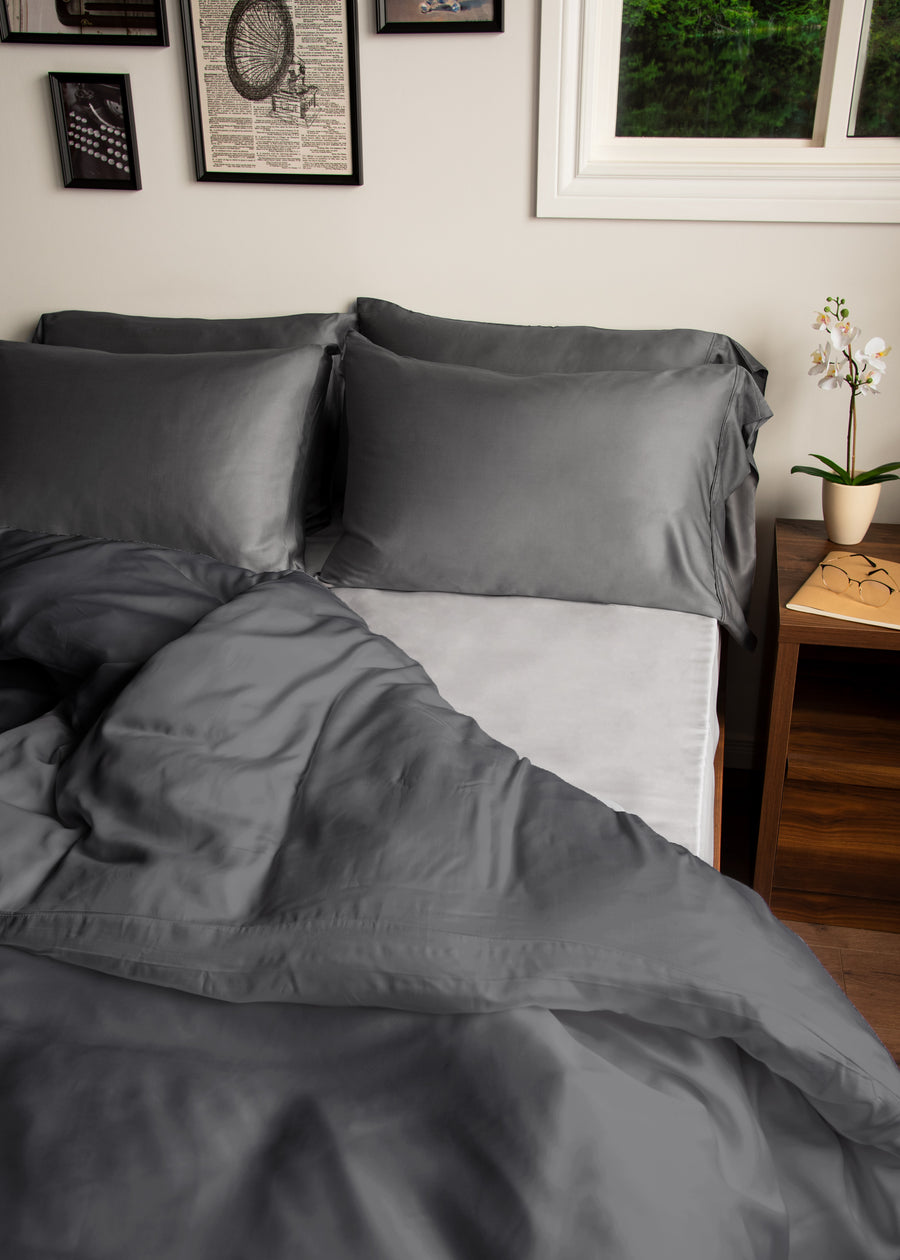 Pewter Bamboo Duvet Cover messy bed lifestyle